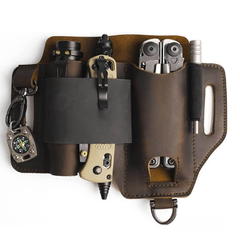 Étui de rangement pour outils EDC, couteau pliant, lampe de poche, sac ceinture en cuir - Brun - image 1