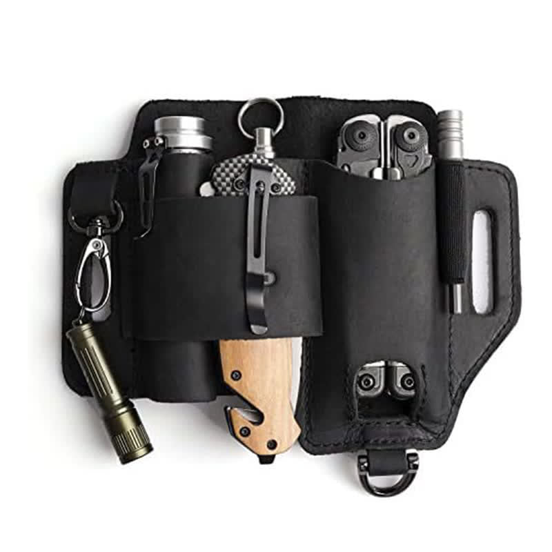 Étui de rangement pour outils EDC, couteau pliant, lampe de poche, sac ceinture en cuir - Noir - image 8
