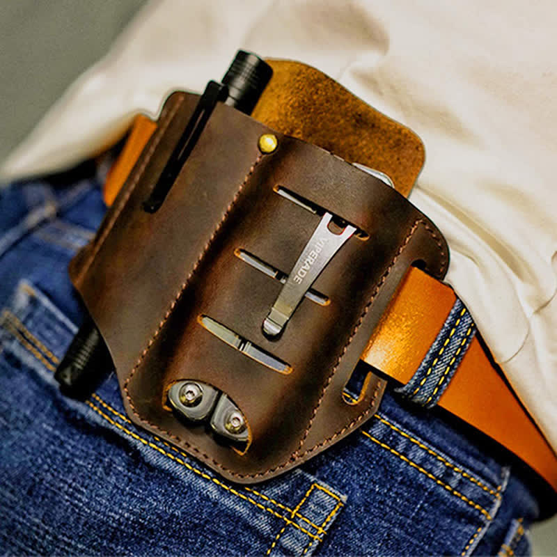 Étui de rangement pour outils EDC, couteau pliant, lampe de poche, sac ceinture en cuir - Brun foncé - image 1