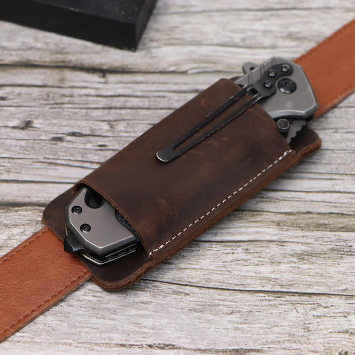 Étui de ceinture en cuir pour couteau pliant horizontal à fond ouvert - Brun foncé - image 11