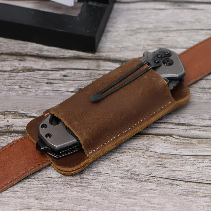 Étui de ceinture en cuir pour couteau pliant horizontal à fond ouvert - Brun - image 1