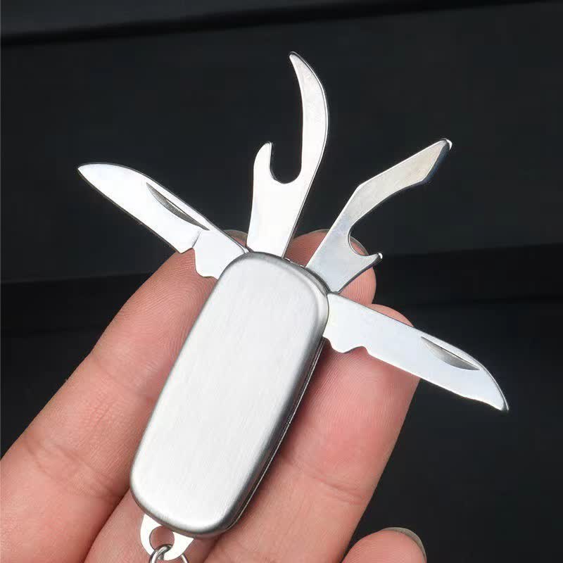 Porte-clés couteau pliant compact argenté avec décapsuleur - Argent - image 1