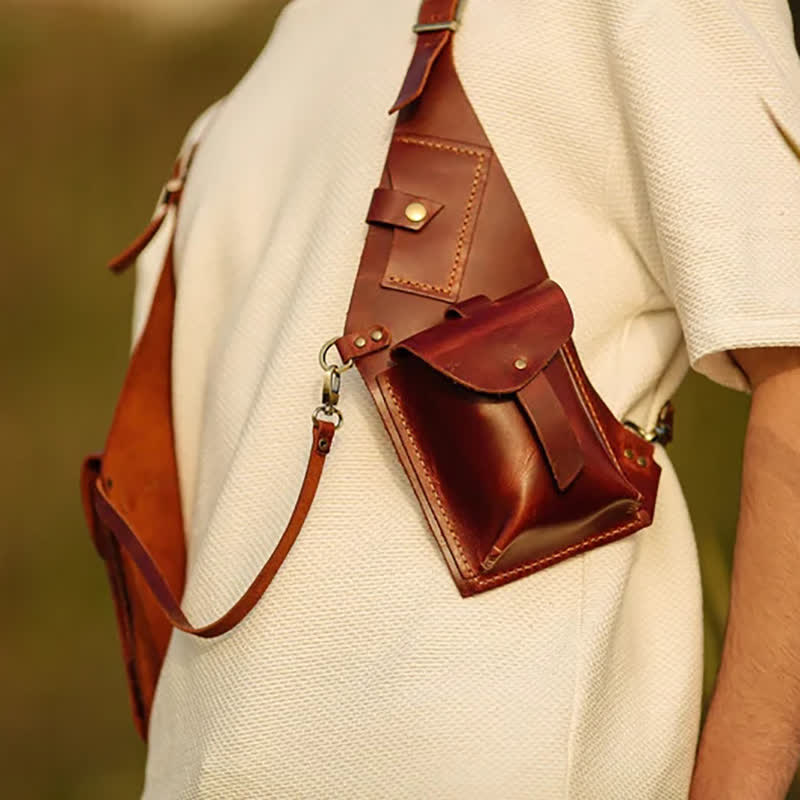 Sac à bandoulière double antivol style médiéval - Brun foncé - image 3