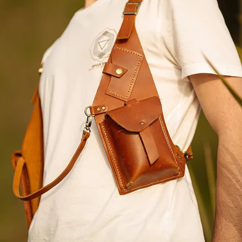 Sac à bandoulière double antivol style médiéval - Brun clair - image 1