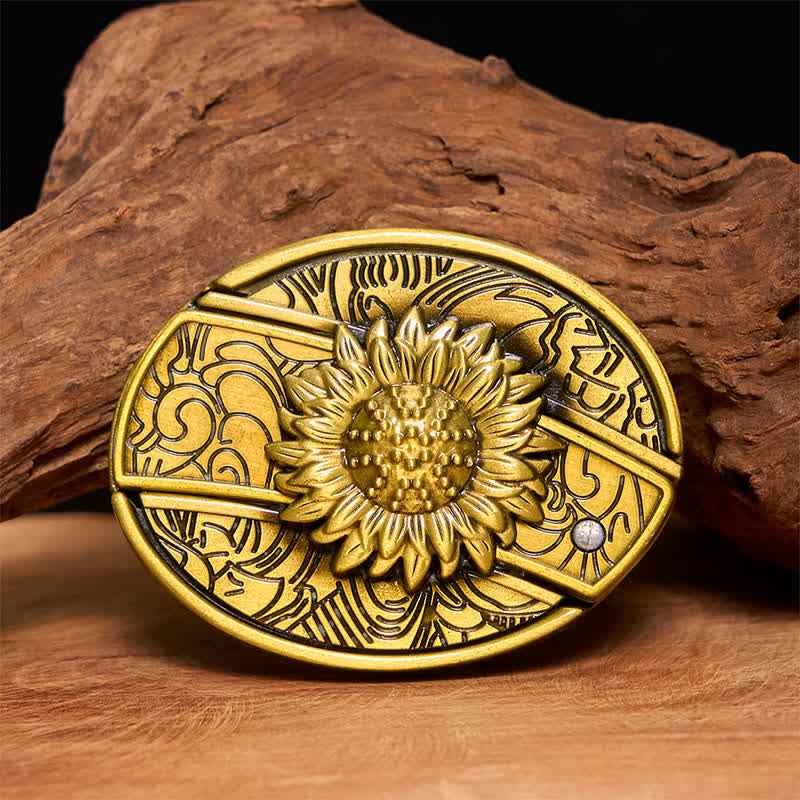 Ceinture en cuir pour homme avec couteau pliant caché en bronze et tournesol - Tournesol - Sans ceinture - Ceinture non incluse - image 1