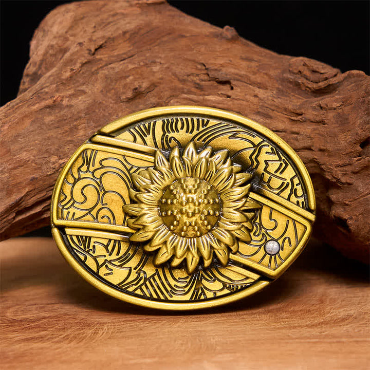 Ceinture en cuir pour homme avec couteau pliant caché en bronze et tournesol - Tournesol - Sans ceinture - Ceinture non incluse - image 1