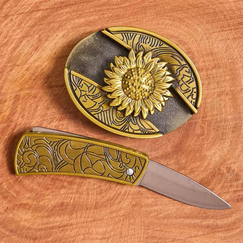 Ceinture en cuir pour homme avec couteau pliant caché en bronze et tournesol - image 2