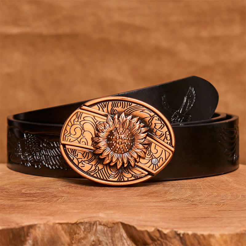 Ceinture en cuir pour homme avec couteau pliant caché en bronze rouge tournesol - Tournesol - Ceinture noire avec aigle en relief - 42 - image 7