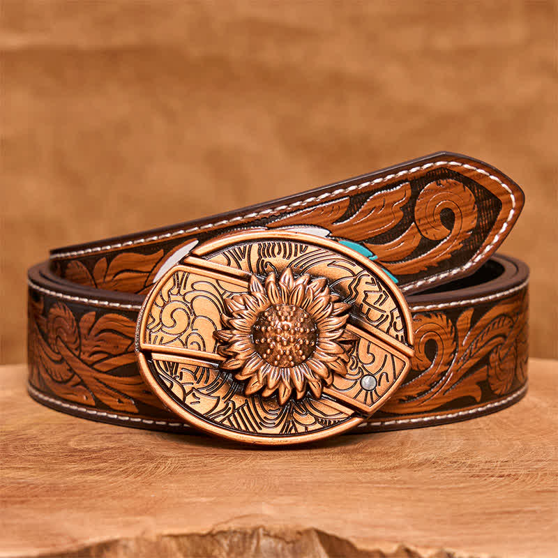 Ceinture en cuir pour homme avec couteau pliant caché en bronze rouge tournesol - Tournesol - Ceinture à plumes marron - 40 - image 10