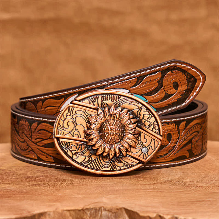 Ceinture en cuir pour homme avec couteau pliant caché en bronze rouge tournesol - Tournesol - Ceinture à plumes marron - 40 - image 10