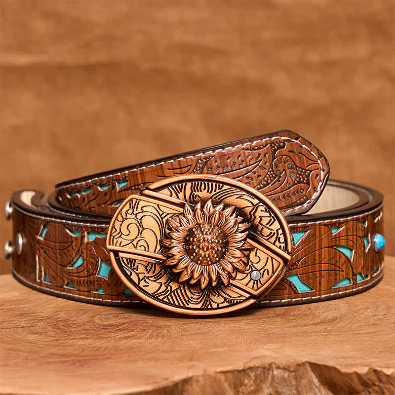 Ceinture en cuir pour homme avec couteau pliant caché en bronze rouge tournesol - Tournesol - Ceinture sculptée en turquoise - 42 - image 6