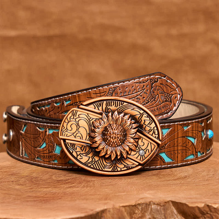 Ceinture en cuir pour homme avec couteau pliant caché en bronze rouge tournesol - Tournesol - Ceinture sculptée en turquoise - 42 - image 6