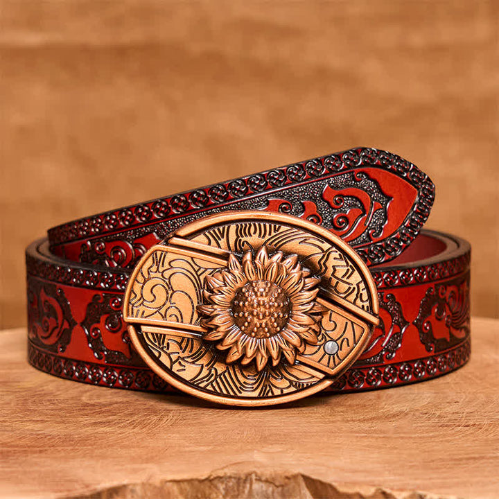Ceinture en cuir pour homme avec couteau pliant caché en bronze rouge tournesol - Tournesol - Ceinture marron sculptée - 42 - image 8
