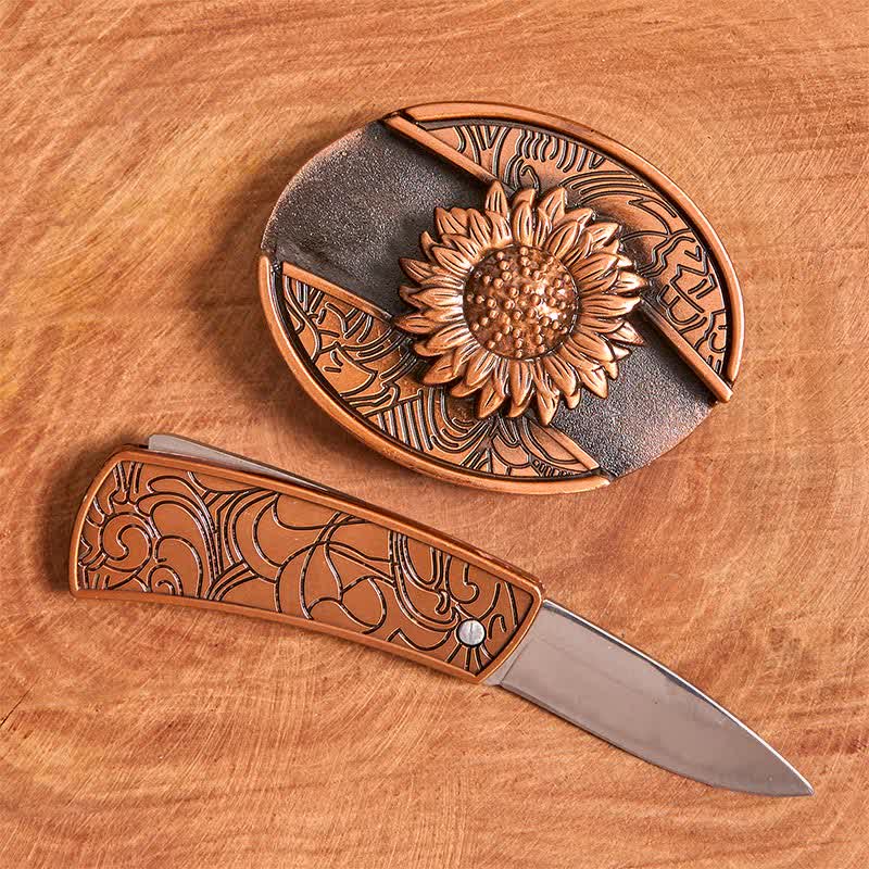 Ceinture en cuir pour homme avec couteau pliant caché en bronze rouge tournesol - image 2