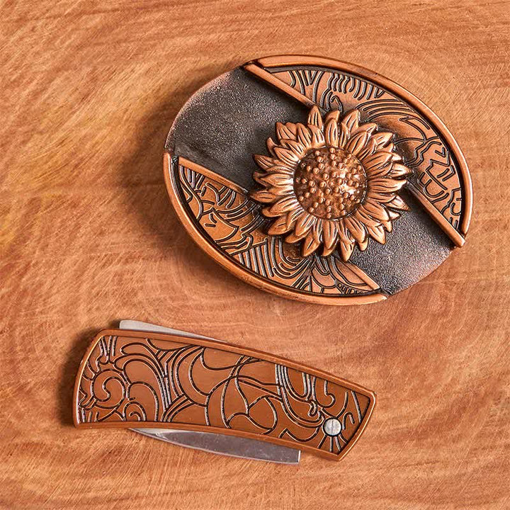 Ceinture en cuir pour homme avec couteau pliant caché en bronze rouge tournesol - image 4