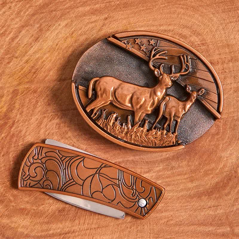 Ceinture en cuir pour homme avec couteau pliant caché en bronze rouge et double cerf - image 4