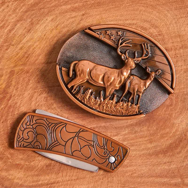 Ceinture en cuir pour homme avec couteau pliant caché en bronze rouge et double cerf - image 4
