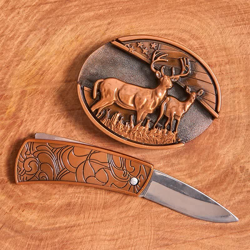 Ceinture en cuir pour homme avec couteau pliant caché en bronze rouge et double cerf - image 2