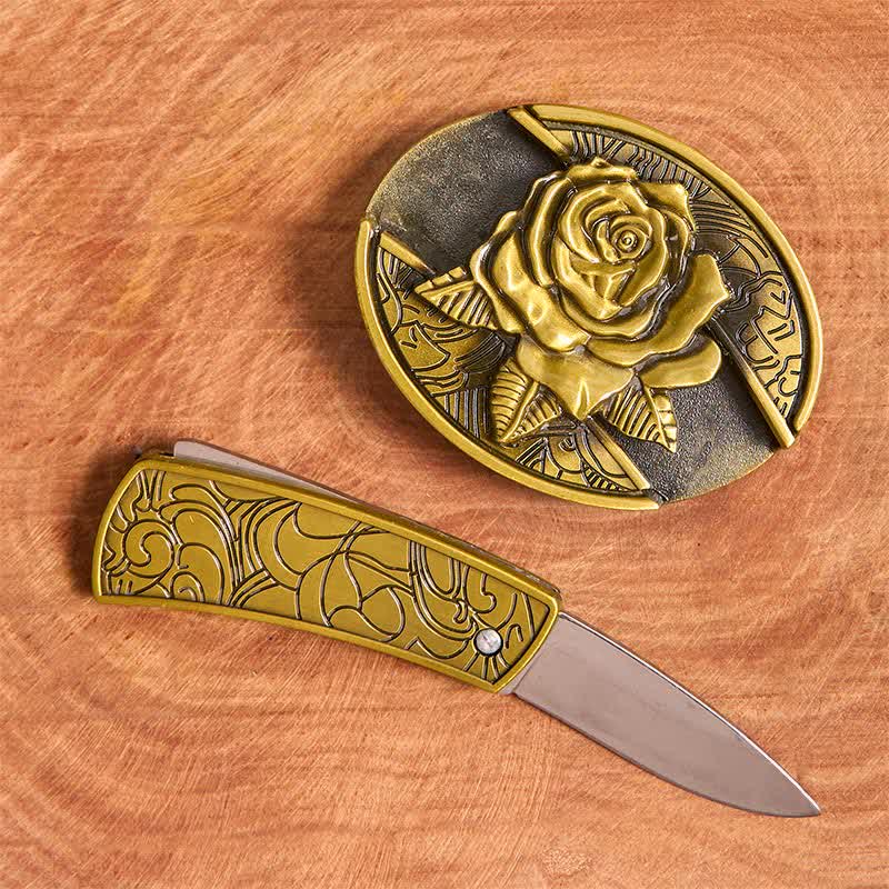 Ceinture en cuir pour homme avec couteau pliant caché en bronze et rose - image 2