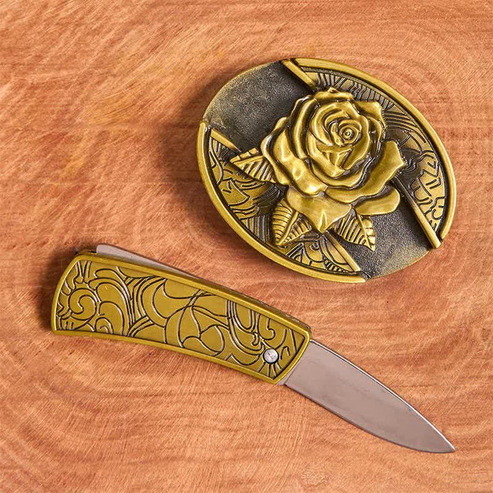 Ceinture en cuir pour homme avec couteau pliant caché en bronze et rose - image 2