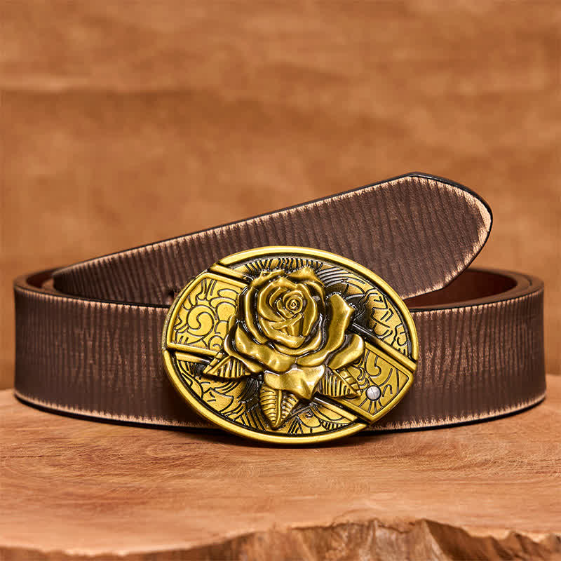 Ceinture en cuir pour homme avec couteau pliant caché en bronze et rose - Rose - Ceinture marron vieillie - 42 - image 9