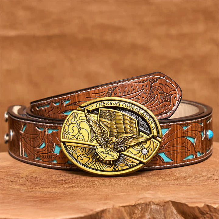 Ceinture en cuir pour homme avec couteau pliant caché et drapeau américain en bronze - Aigle - Ceinture sculptée en turquoise - 42 - image 6