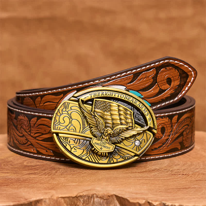 Ceinture en cuir pour homme avec couteau pliant caché et drapeau américain en bronze - Aigle - Ceinture à plumes marron - 40 - image 10