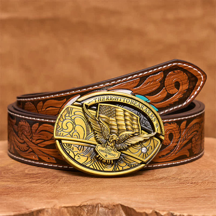 Ceinture en cuir pour homme avec couteau pliant caché et drapeau américain en bronze - Aigle - Ceinture à plumes marron - 40 - image 10