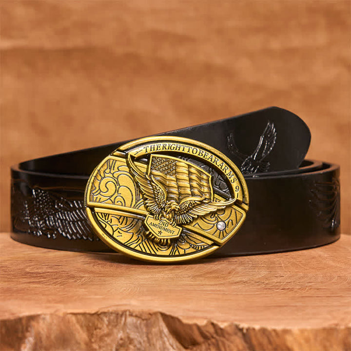 Ceinture en cuir pour homme avec couteau pliant caché et drapeau américain en bronze - Aigle - Ceinture noire avec aigle en relief - 42 - image 7