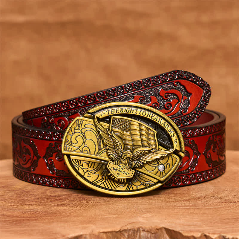Ceinture en cuir pour homme avec couteau pliant caché et drapeau américain en bronze - Aigle - Ceinture marron sculptée - 42 - image 8