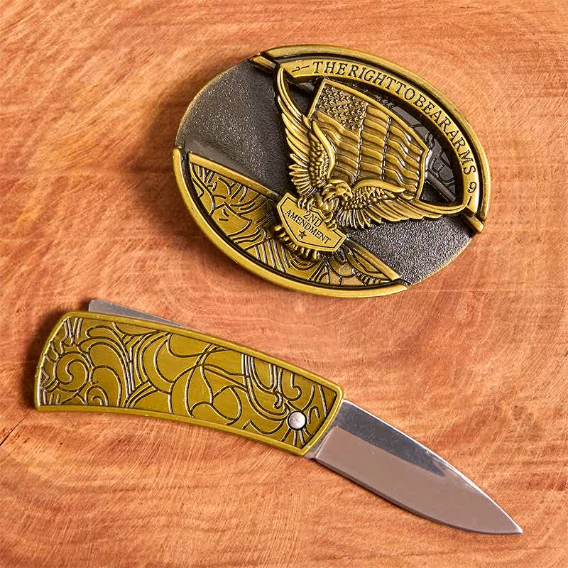 Ceinture en cuir pour homme avec couteau pliant caché et drapeau américain en bronze - image 2