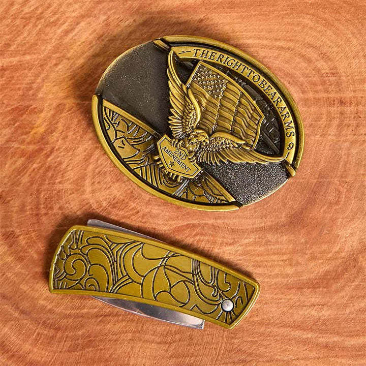 Ceinture en cuir pour homme avec couteau pliant caché et drapeau américain en bronze - image 4