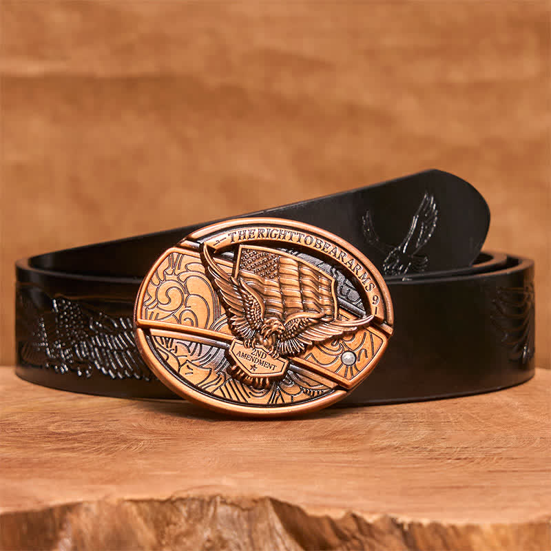 Ceinture en cuir pour homme avec couteau pliant caché, motif aigle en bronze rouge, drapeau américain - Aigle - Ceinture noire avec aigle en relief - 42 - image 7