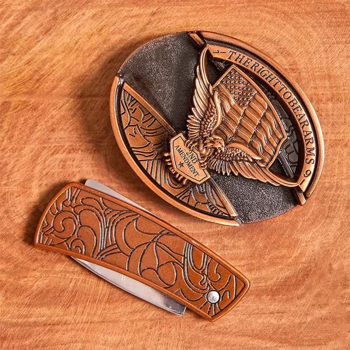 Ceinture en cuir pour homme avec couteau pliant caché, motif aigle en bronze rouge, drapeau américain - image 4