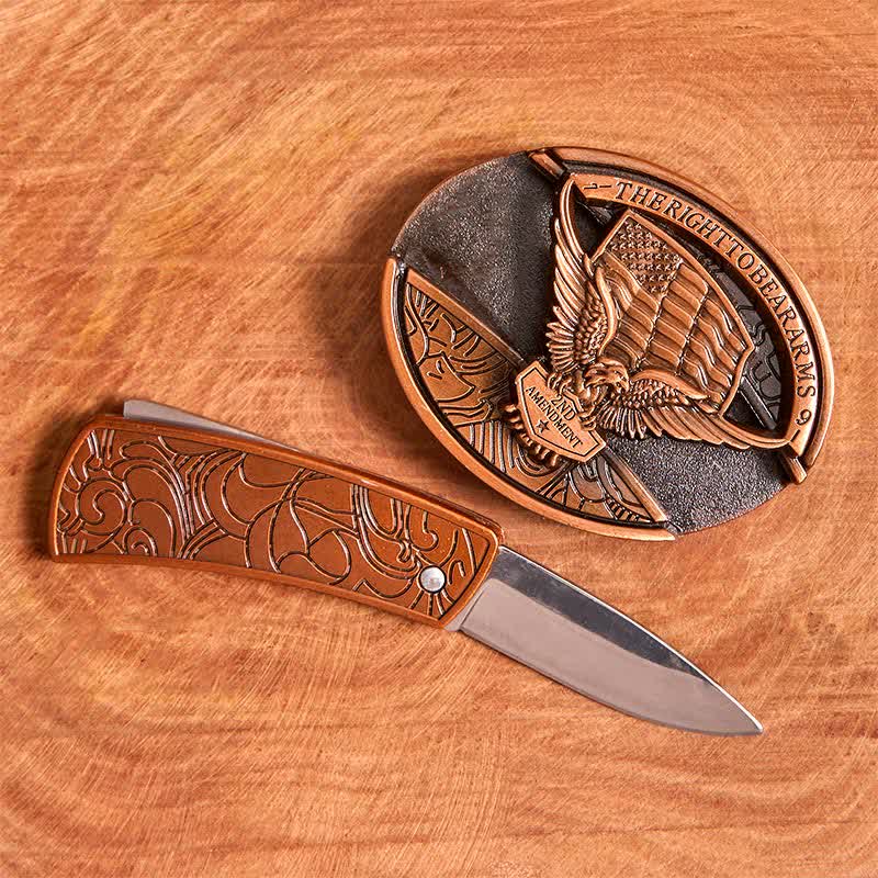 Ceinture en cuir pour homme avec couteau pliant caché, motif aigle en bronze rouge, drapeau américain - image 2