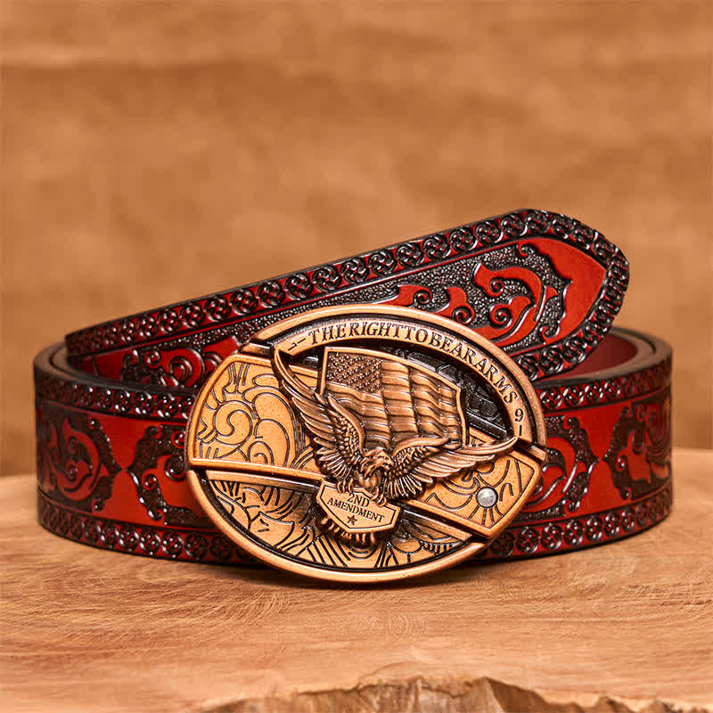 Ceinture en cuir pour homme avec couteau pliant caché, motif aigle en bronze rouge, drapeau américain - Aigle - Ceinture marron sculptée - 42 - image 8