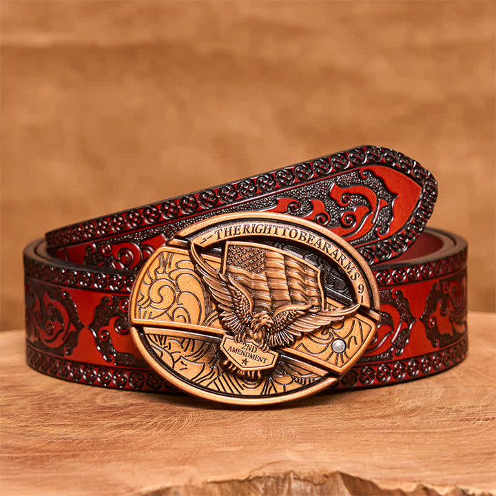 Ceinture en cuir pour homme avec couteau pliant caché, motif aigle en bronze rouge, drapeau américain - Aigle - Ceinture marron sculptée - 42 - image 8