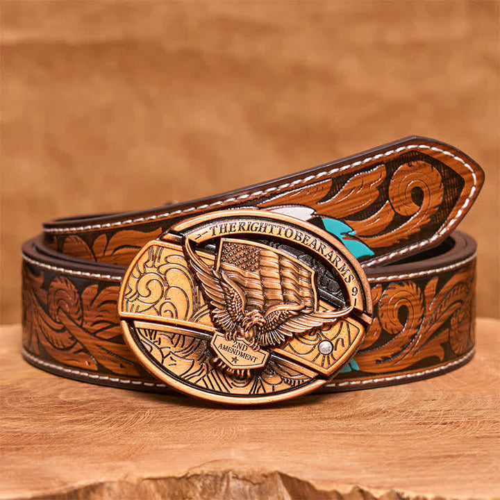 Ceinture en cuir pour homme avec couteau pliant caché, motif aigle en bronze rouge, drapeau américain - Aigle - Ceinture à plumes marron - 40 - image 10