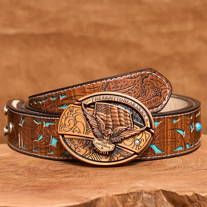 Ceinture en cuir pour homme avec couteau pliant caché, motif aigle en bronze rouge, drapeau américain - Aigle - Ceinture sculptée en turquoise - 42 - image 6