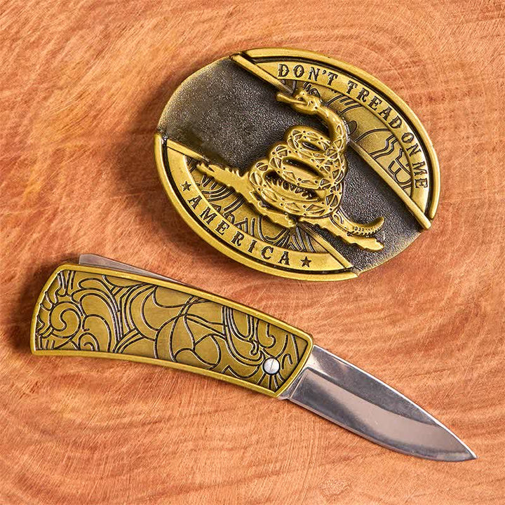 Ceinture en cuir pour homme avec couteau pliant caché en forme de serpent en bronze - image 2