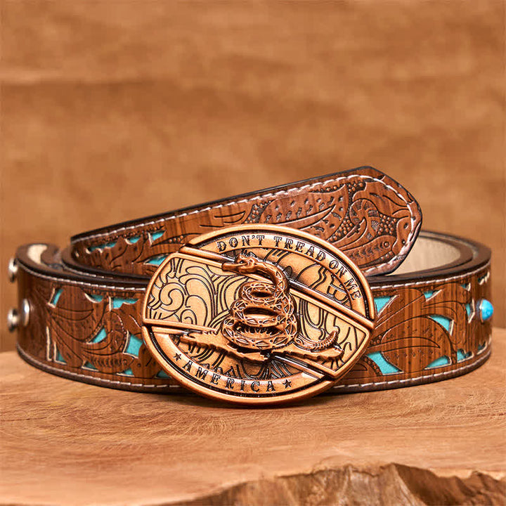 Ceinture en cuir pour homme avec couteau pliant caché en forme de serpent rouge bronze - Serpent - Ceinture sculptée en turquoise - 42 - image 6