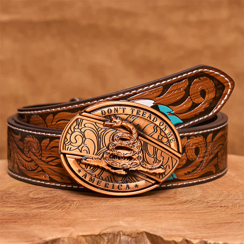 Ceinture en cuir pour homme avec couteau pliant caché en forme de serpent rouge bronze - Serpent - Ceinture à plumes marron - 40 - image 10
