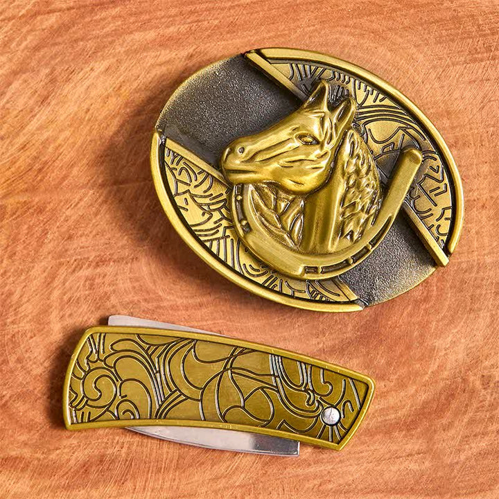 Ceinture en cuir pour homme avec couteau pliant caché en bronze et tête de cheval - image 4