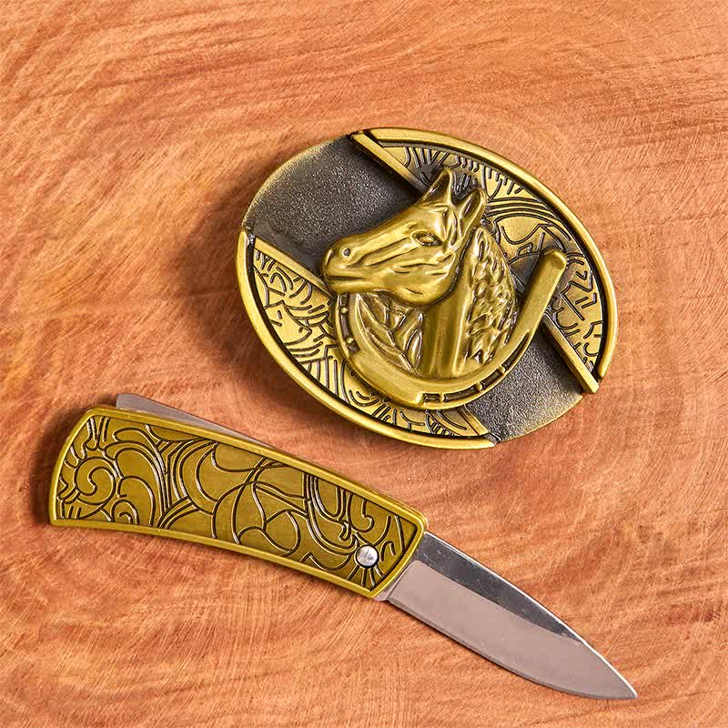 Ceinture en cuir pour homme avec couteau pliant caché en bronze et tête de cheval - image 2