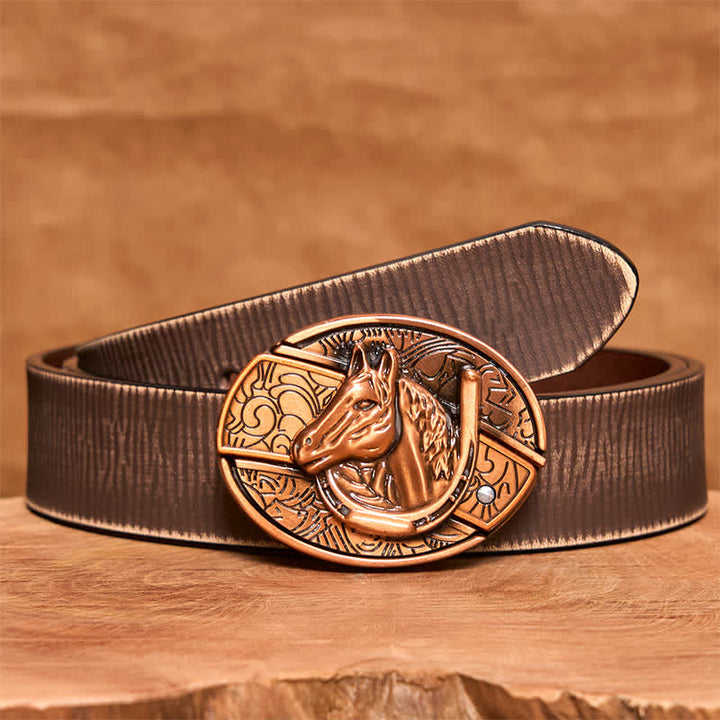 Ceinture en cuir pour homme avec couteau pliant caché en bronze rouge et tête de cheval - Serpent - Ceinture marron vieillie - 42 - image 9
