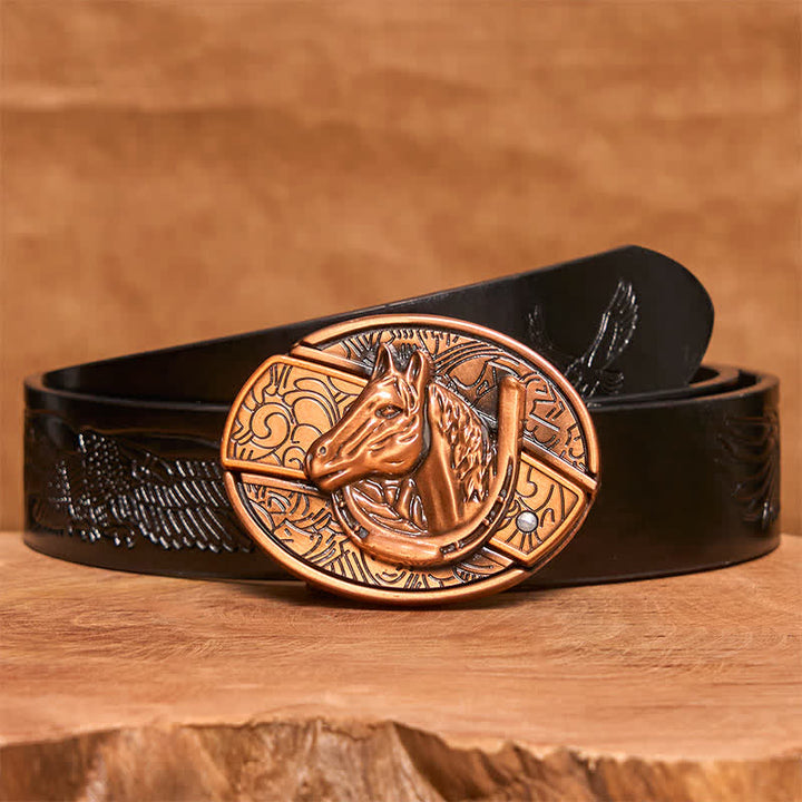 Ceinture en cuir pour homme avec couteau pliant caché en bronze rouge et tête de cheval - Serpent - Ceinture noire avec aigle en relief - 42 - image 7