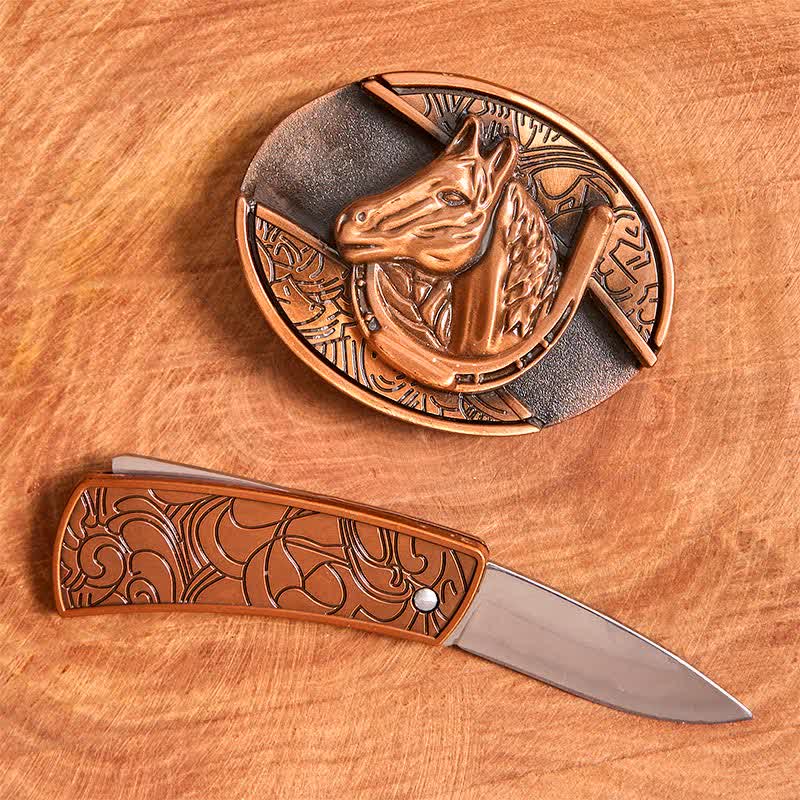 Ceinture en cuir pour homme avec couteau pliant caché en bronze rouge et tête de cheval - image 2