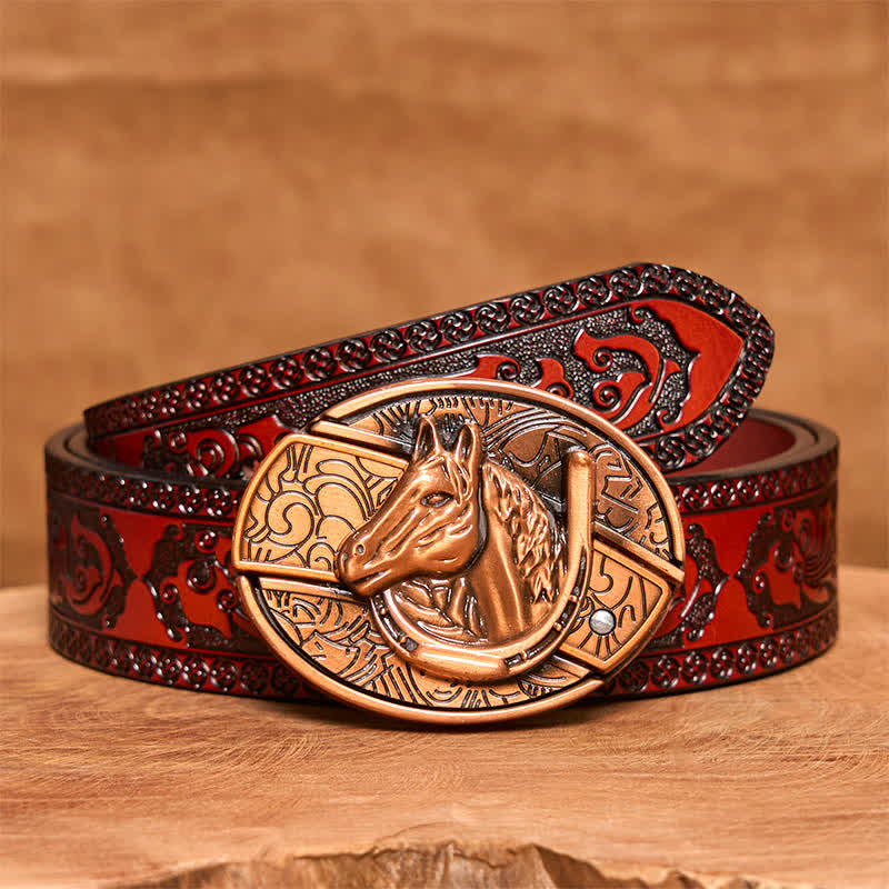 Ceinture en cuir pour homme avec couteau pliant caché en bronze rouge et tête de cheval - Serpent - Ceinture marron sculptée - 42 - image 8