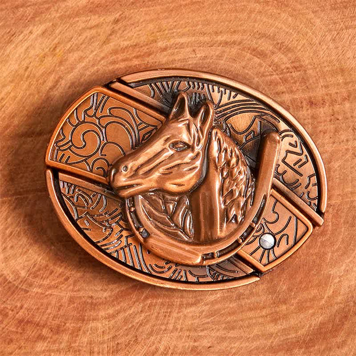 Ceinture en cuir pour homme avec couteau pliant caché en bronze rouge et tête de cheval - image 3
