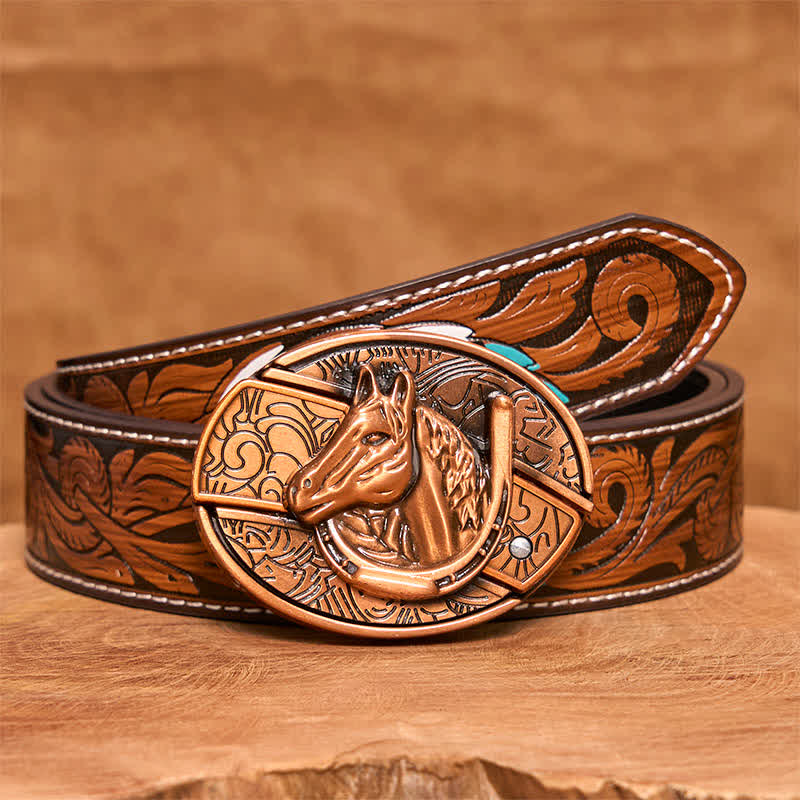 Ceinture en cuir pour homme avec couteau pliant caché en bronze rouge et tête de cheval - Serpent - Ceinture à plumes marron - 40 - image 10